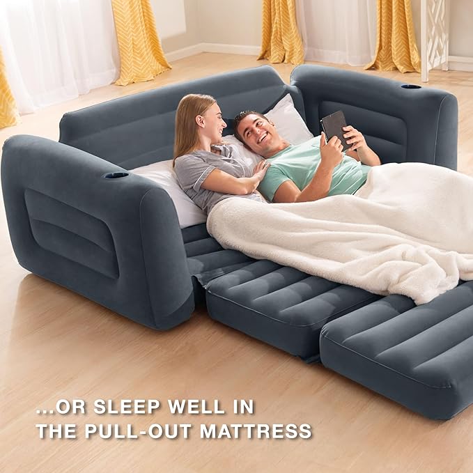 Intex 2 in 1 Inflatable Pull Out Sofa and Queen Size Air Bed Mattress with Cup Holders for Indoor and Outdoor Use for Adults (2 Pack), Charcoal Gray