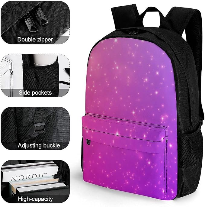 Polyester Daypack Bookbag for Gym Business Bicycle, Large Capacity Multipurpose Anti-Theft Carry On Bag, Purple Pink Glitter Pattern Travel Hiking Daypack