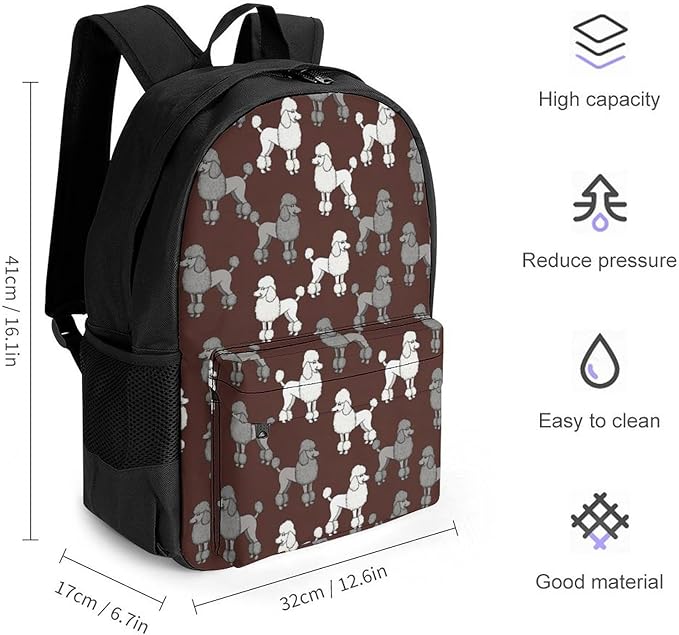 Daypack Backpack Polyester Multipurpose Anti-Theft Poodles In Grey White Shoulder Bag Big Capacity Gym Outdoor Hiking Backpack With Smooth Zippers