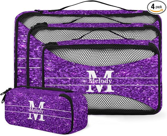 Custom Name 4 Pcs set travel luggage organizer Mesh Travel Essentials for Suitcases, Purple Sequins with Initial Letter