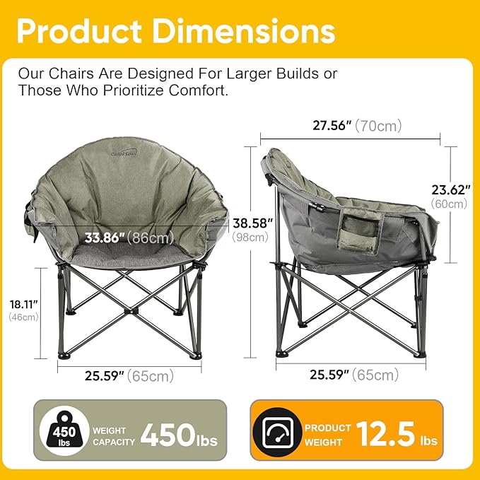 Colorsoul Oversized Camping Chairs Heavy Duty, Full Padded Foldable Camping Chairs for Adults with Cup Holders, Portable Camp Lawn Chairs for Outdoor, Support 450lbs,Yellow Grey