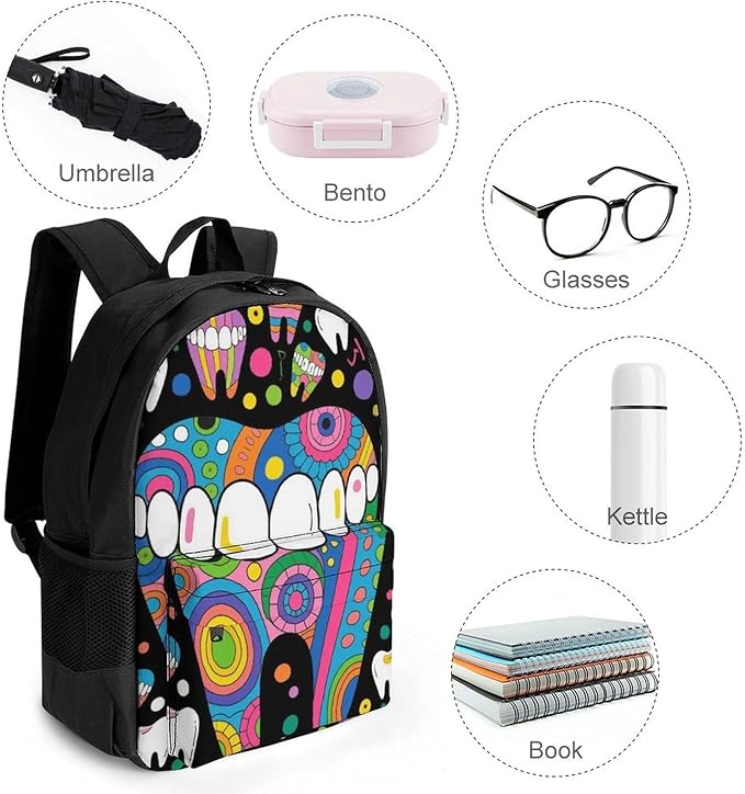 Daypack Bookbag Multipurpose Anti-Theft Big Capacity Carry On Bag, Cartoon Teeth Dental Art Travel Hiking Camping Rucksack With Padded Straps