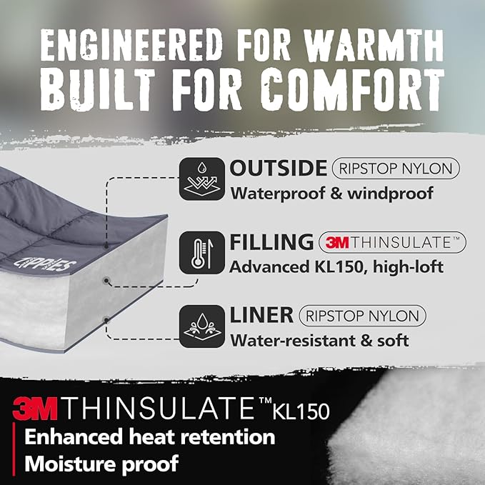 3M Thinsulate Insulation Puffy Camping Blanket for Cold Weather, Queen Size Warm Camping Quilt with Zipper, Waterproof Outdoor Sleeping Bag for Hammock, Cozy & Versatile Gift for Men and Women