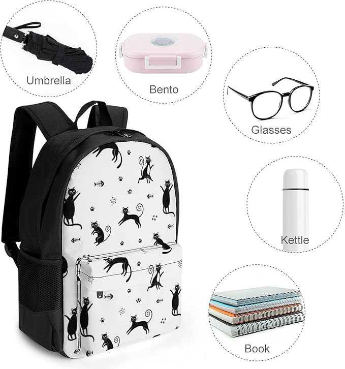 Supdreamc Men Women Lightweight Funny Black Cats Art Backpack Large Capacity Bookbag With Smooth Zippers for Gym Business Running