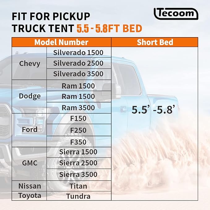 Tecoom Truck Bed Tent, Double Layer Waterproof PU3000mm for 5.5-6.7ft, Portable 2/3 Person Compact Full Size Pickup with Rain Fly for Back of Camping Beach