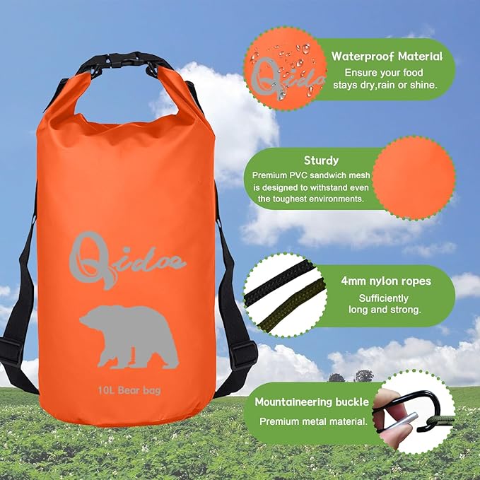 Qidoe Bear Food Bag for Camping Ultralight Food Bags Hanging System 10 L Waterproof Backpack Pulley Systems Includes Waterproof Bag, Nylon Ropes, Hooks for Camping Backpacking
