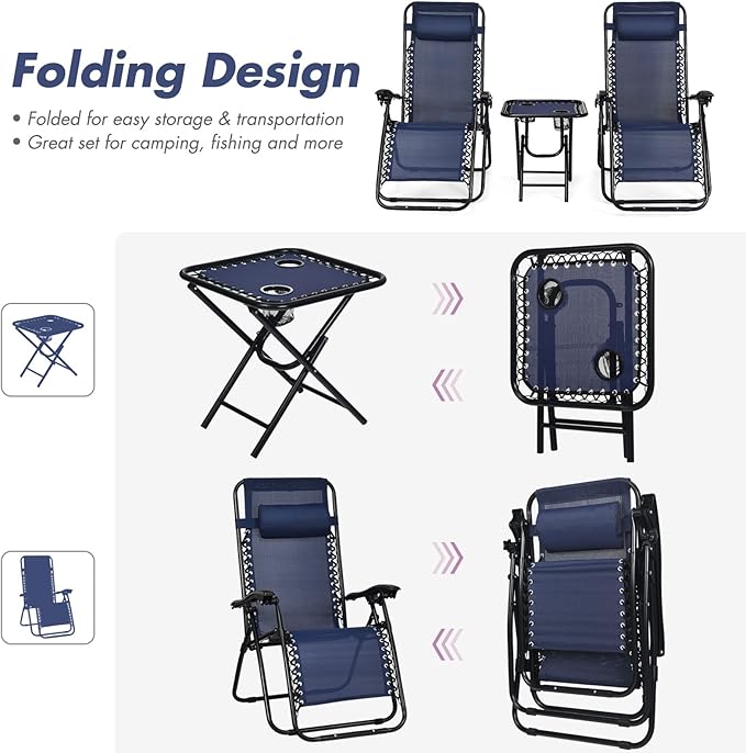 S AFSTAR Zero Gravity Chairs Set of 2, 3 PCS Folding Zero Gravity Lawn Chair Set with Side Table Cup Holders & Adjustable Headrest, Reclining Patio Chairs, Zero Gravity Lounger for Patio Poolside