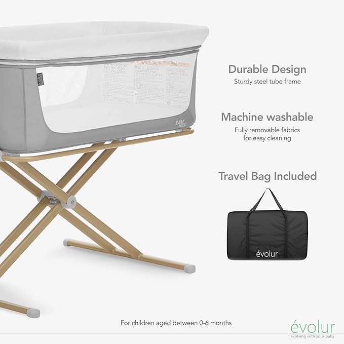 Evolur Orabelle Baby Bassinet & Bedside Sleeper, Breathable Mesh Sides, Plush Mattress Pad with Removable Cover, Tool-Free Assembly, Quick Foldable Steel Frame Compact Design with Travel Bag – Grey