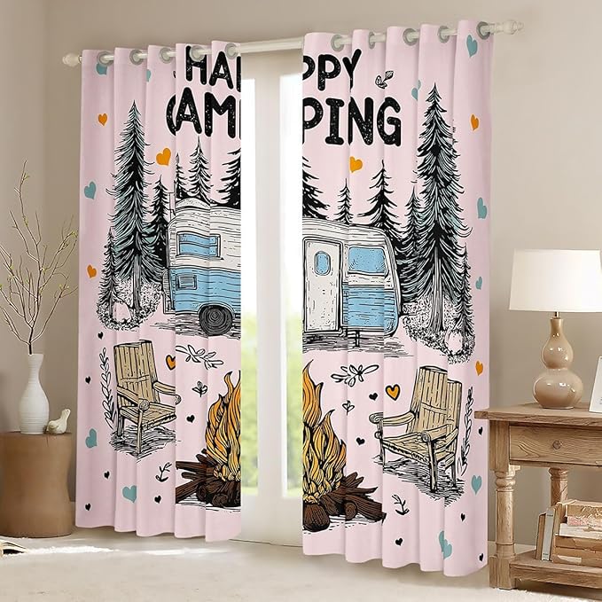 Feelyou Pink Camping Camper Rv Curtains for Bedroom Living Room Rustic Farmhouse Camper Blackout Darkening Drapes Happy Camping Window Treatments, 2 Panels 42 x 63 Inch Room Decor
