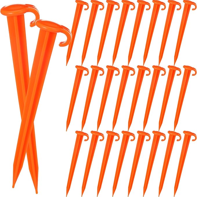 Vicenpal 24 Pcs 7 Inch Plastic Yard Stakes Inflatables Heavy Duty Plastic Garden Stakes for Tent Ground Replacement Outdoor Fence Lawn Pegs Landscape Staples Halloween Christmas Decorations (Orange)