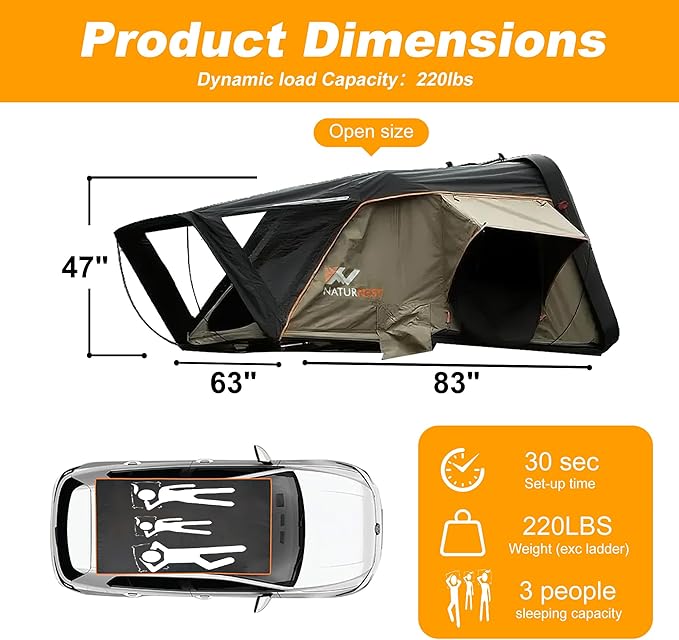Naturnest Rooftop Tent Hard Shell with Annex Room, Easy Set Up Large Tent for 2-3 Person Camping, Waterproof 4 Season Tents for Truck, Jeep, SUV, Van, Trailer - Sirius 1 with Annex Room