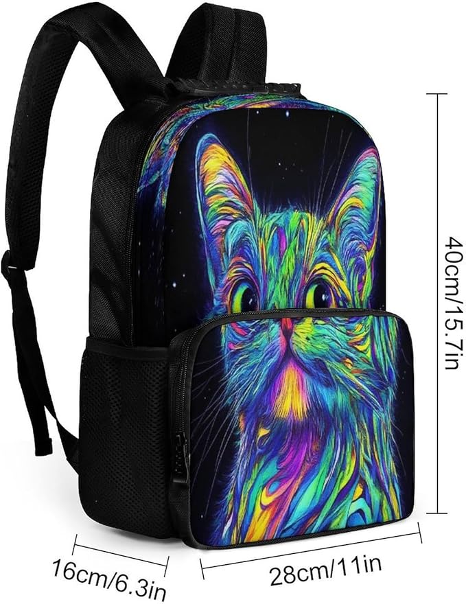 Lightweight Daypack Bookbag for Trekking Business Walking Cycling, Big Capacity Anti-Theft Multipurpose Carry On Bag, Colorful Trippy Cat Business Computer Bag
