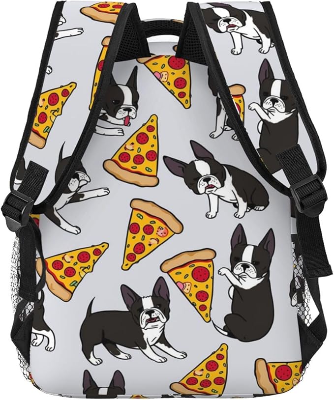 Polyester Daypack for Hiking Work Running, Big Capacity Anti-Theft Multipurpose Shoulder Bag, Grey Boston Terrier Dog Pizza Travel and Sport Backpack Rucksack