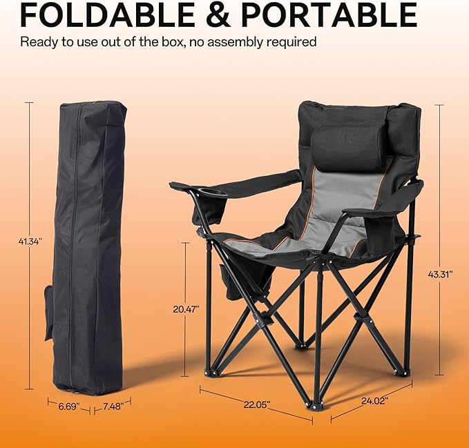 Heated Camping Chairs, Foldable Camping Chairs with 2 Cup Holders for Outdoor Sports,Folding Chair with 3 Heating Level for Back and Seat, Supports 300Lbs, Battery Not Include, Black & Grey
