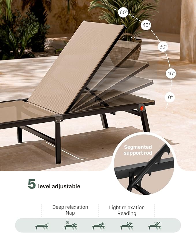 Aluminum Patio Chaise Lounge Chair Set of 2 with Side Table,5-Position Adjustable Backrest,Foldable Lounge Chair Outdoor,Pool Lounge Chairs for Poolside,Lawn,Deck,Beach (Khaki, 2 Pack+Table)