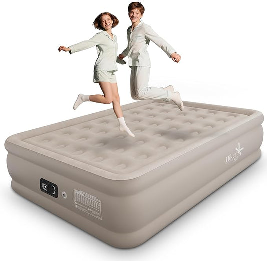 Full Air Mattress with Built in Pump, Single Blpw up Air Bed with Portable Storage Bag, Suitable for Home and Guests, Top Flocking, 18" Full Khaki