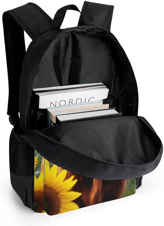 Men Women Polyester Sunflower Highland Cow Daypack Backpack Large Capacity Carry On Bag With Smooth Zippers for Hiking Picnic Walking Cycling