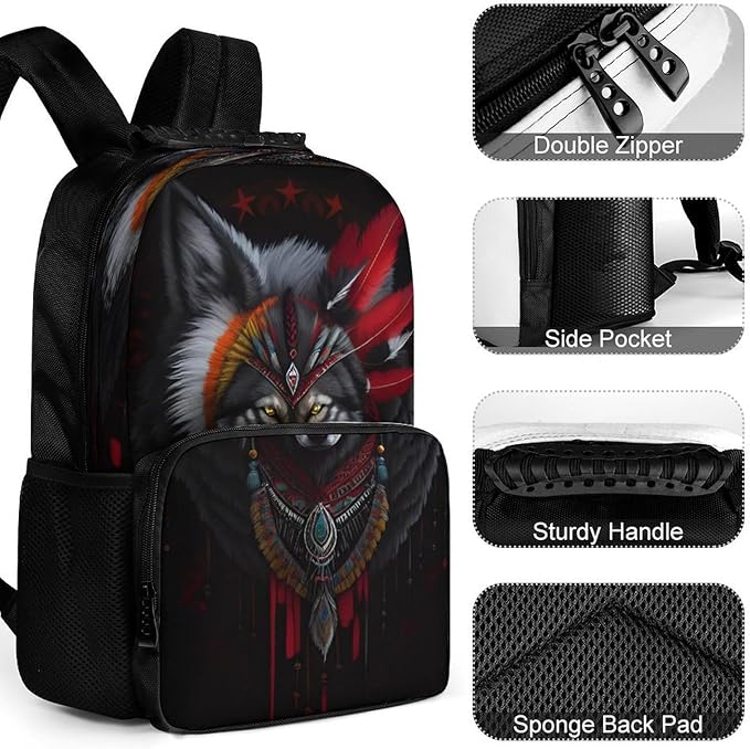 Daypack Lightweight Multipurpose Anti-Theft Indian Tribal Feather Demon Wolf Art Shoulder Bag Large Capacity Laptop Book Bag Rucksack With Adjustable Shoulder Straps
