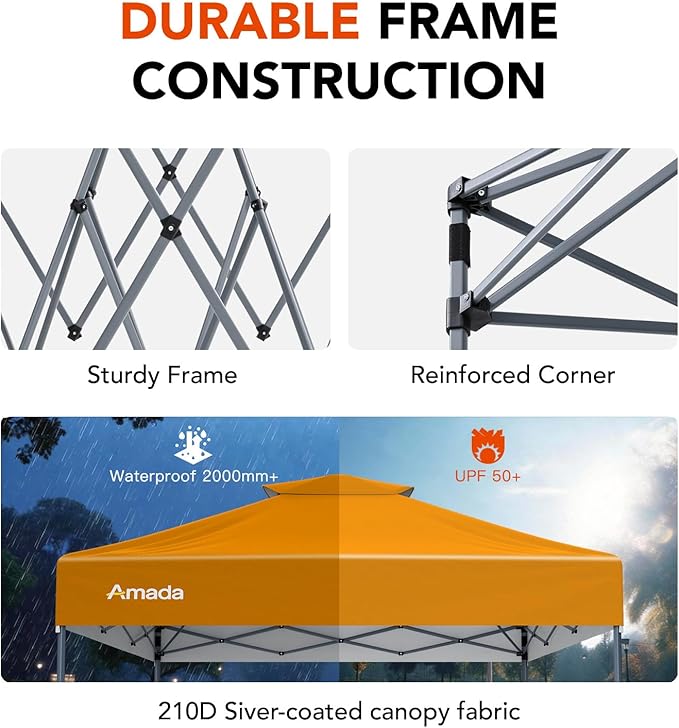 Amada 10x10 Pop Up Canopy - Center Lock One Push Instant Setup Gazebo Outdoor Canopy Beach Tent with STO-N-Go Bag 8 Stakes & 4 Sand Bags, 3-Height Adjustable Shade Shelter (10x10ft, Orange)