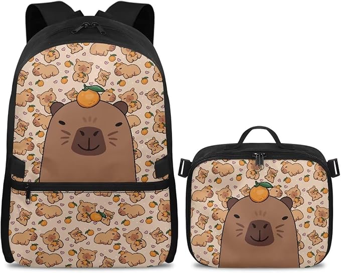 HUGS IDEA Orange Capybara School Backpack for Girls 8-10 with Lunchbox Backpacks for Elementary Students School Bag Large Capacity School Book Bag for Kids Casual Travel Daycare