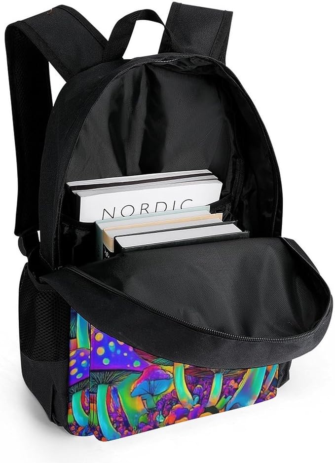 Supdreamc Women Men Polyester Trippy Tie Dye Magic Mushrooms Art Casual Daypack Large Capacity Bookbag With Side Pockets for Sports Picnic Walking Cycling