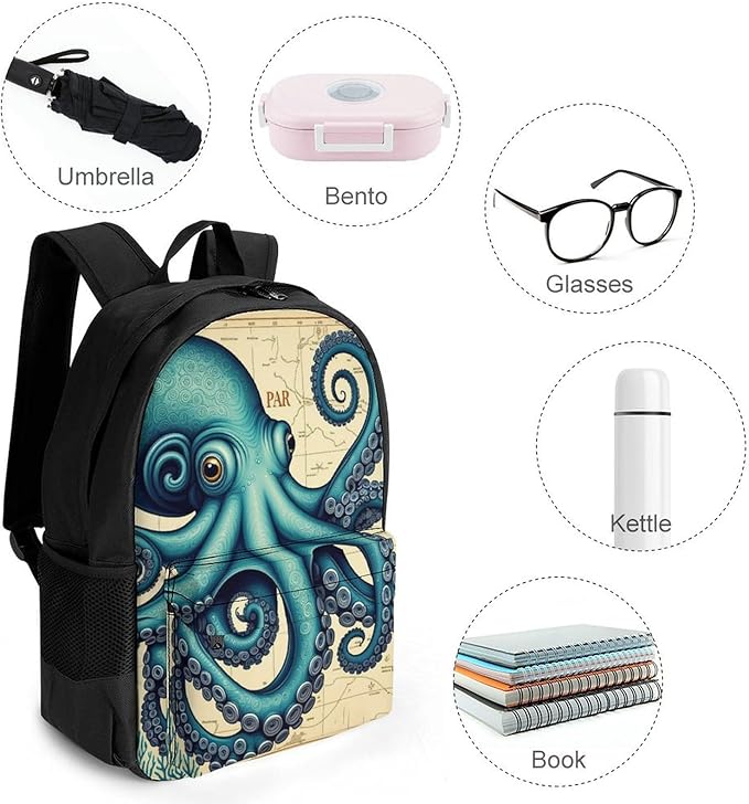 Supdreamc Daypack Backpack Polyester Multipurpose Anti-Theft Retro Octopus Art Shoulder Bag Big Capacity Gym Outdoor Hiking Backpack With Smooth Zippers