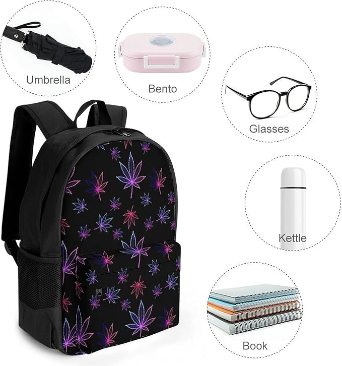 Rucksack Polyester Anti-Theft Multipurpose Trippy Neon Purple Weedleaf Leaf Black Carry On Bag Large Capacity Travel and Sport Backpack Rucksack With Smooth Zippers