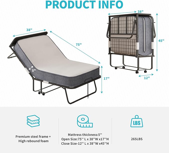 CECER Folding Bed with Mattress, 75" x 38" Rollaway Bed for Adults, 5 inch Thick Memory Foam Mattress，Twin Size Portable Foldable Bed with Headboard & Sturdy Metal Frame，Fold Up, Roll Away