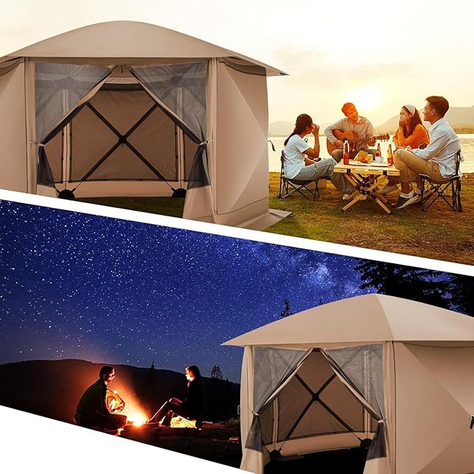 COBIZI 12x12FT Pop Up Gazebo Screen Tent Screen House for Camping, Screen Room with Mosquito Netting, Hub Tent Instant Screened Canopy with Carrying Bag and Ground Stakes,Khaki