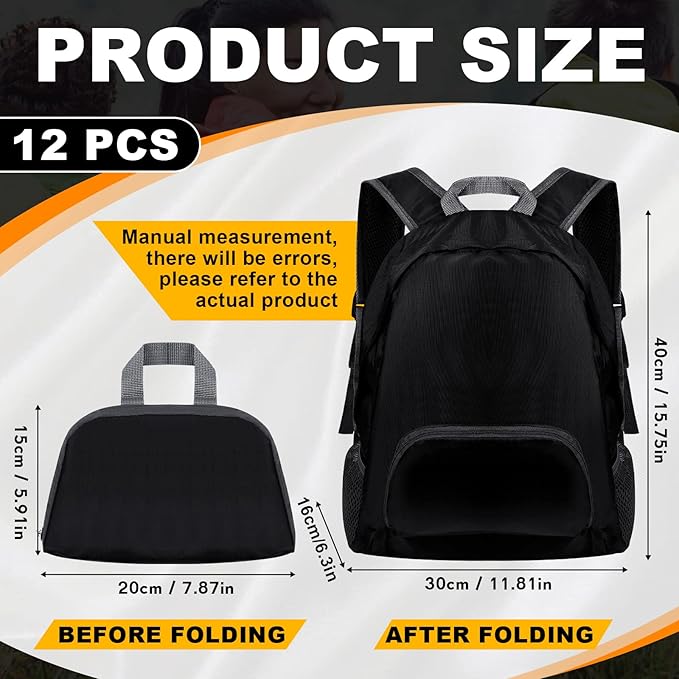 Dunzy 12 Pcs 20l Foldable Backpacks Bulk Lightweight Basic Back Pack Wholesale for Homeless Donation Corporate Events Travel Camping (Black)