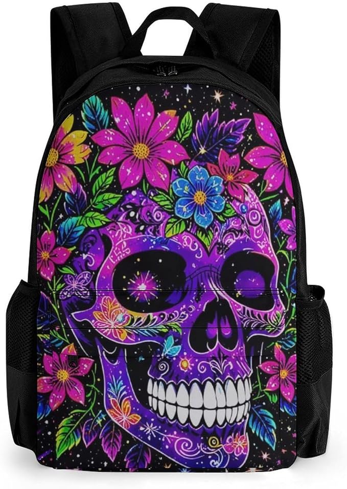 Supdreamc Rucksacks Multipurpose Anti-Theft Big Capacity Bookbag, Sugar Skull Flower Feathers Art Travel Hiking Camping Rucksack With Padded Straps