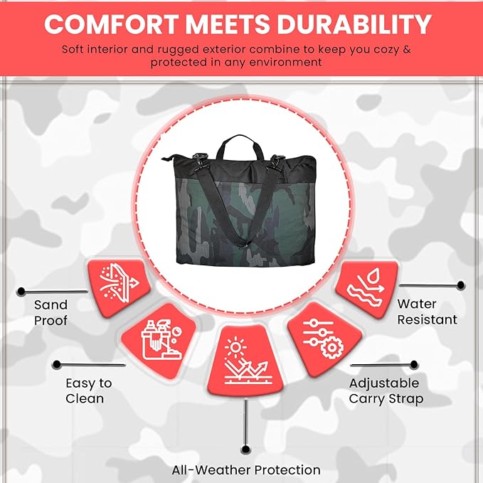 Outdoor Packable Camo Blanket - 1000D Polyester Interior & RIPSTOP Fabric Exterior Blanket with Adjustable & Removable Carrying Strap - Front, Back Storage Pocket - Ideal for Camping & Outdoor Use