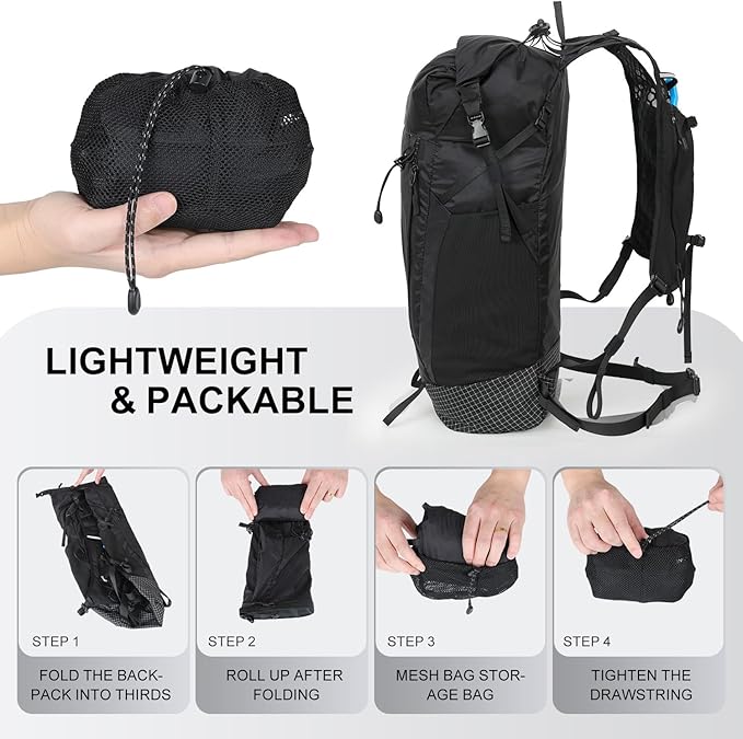 IX INOXTO Hiking Backpack 15L/22L Ultra Lightweight Packable Travel Backpack Small Waterproof Foldable Outdoor Day Pack with Two 500ML soft flasks for Men Women (Black)
