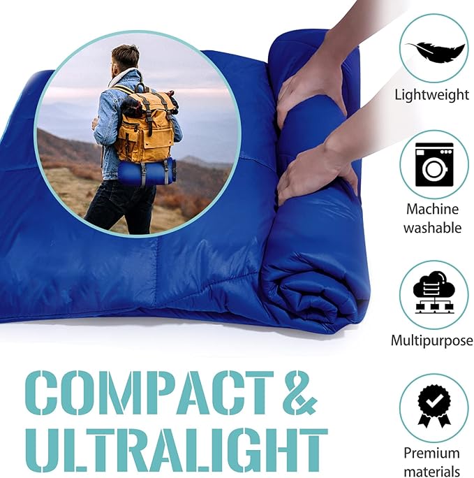 Outdoor Puffy Camping Blanket, Lightweight Down Alternative Puffy Printed Camping Large Ultra Warm Hammock Top Quilt Waterproof Blanket for Traveling Picnic Beach Party Cold Weather (Navy)