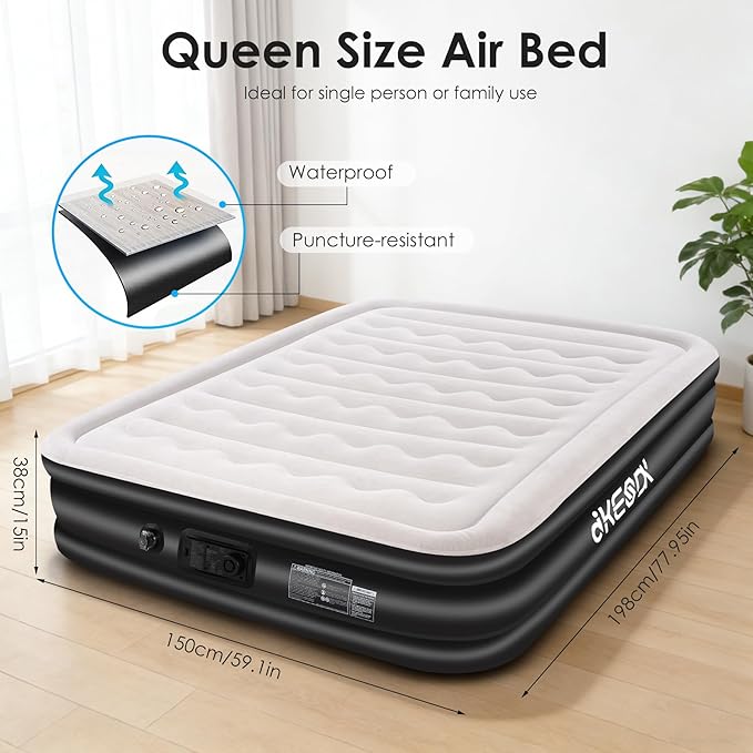 Air Mattress Queen with Built in Pump,Comfortable Waterproof Flocked Surface Inflatable Mattress for Temporary Family Stays and Travel,14-Inch Blow Up Mattress Inflates in 3 Minutes
