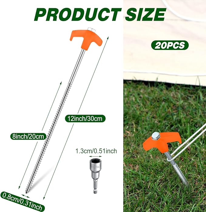 Hicarer 20 Pcs 12 Inch Tent Stakes Screw in Camping Stakes Heavy Duty Metal Spikes Ground Anchor Peg Threaded Tent Spikes with Hex Head Driver for Camping Garden Inflatable (Orange)