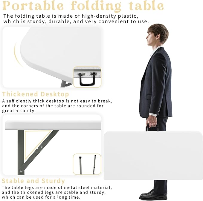 Set of 2 Square Folding Table 34in Multi-Functional Portable Folding Card Table with Carrying Handle for Indoor Outdoor Camping,Picnic, Office, Party Use HDPE Plastic Tabletop with Metal Frame(White)