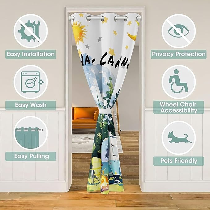 Camper Adventure Kids Door Curtain,Bonfire Campfire Pine Tree Rustic Blackout Curtain,Star Moon RV Trailer Bedroom Doorway Living Room Decor,Summer Green Privacy Door Drape 1 Panel,52" W X 84" L