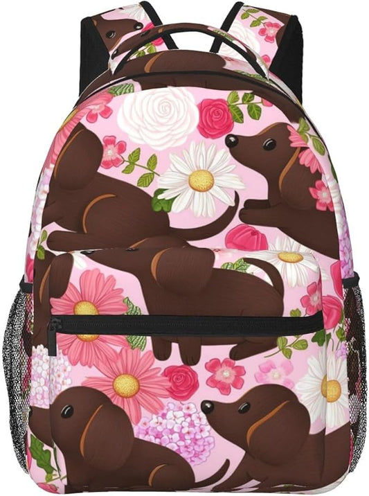 Daypack Bookbag Anti-Theft Multipurpose Large Capacity Bookbag, Golden Retriever Dog Pink Flower Travel Hiking Camping Rucksack With Adjustable Shoulder Straps