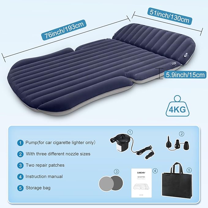 SUV Air Mattress with Double-Sided-Thick Flocked/Car Mattress with Pump & Built-in Pillow/Leakproof Comfortable Durable Car Air Mattress/Car Bed for Auto Camping,Road Trip