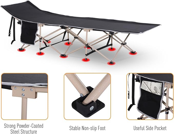 Outsunny Folding Camping Cot for Adults with Carry Bag, Side Pocket, Outdoor Portable Sleeping Bed for Travel, Camp, Vacation, 330 lbs. Capacity, Black