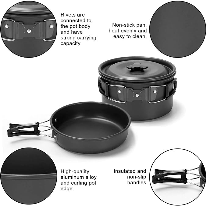 Peidesi 15pcs Camping Cookware Mess Kit,Portable Non-Stick Aluminum Alloy Cookware,Kettle Pot Frying Pan Plates Forks Knives Spoons for Camping, Backpacking, Outdoor Cooking