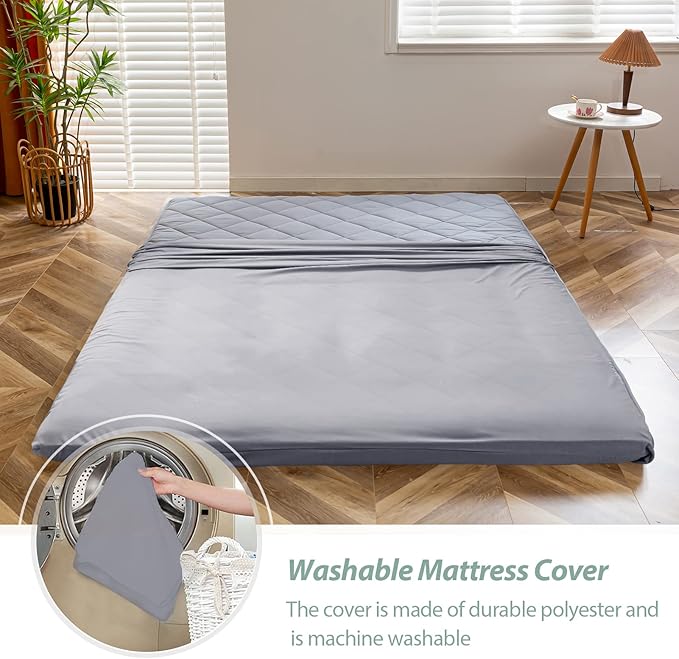 MAXYOYO Japanese Floor Futon Mattress Queen Size, Roll Up Folding Bed, Diamond Patterned Futon for Adults, Grey