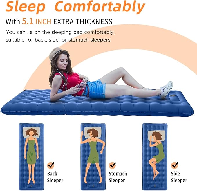 Inflatable Sleeping Pad for Camping Ultralight Sleeping Mat with Built-in Foot Pump 5.1" Extra-Thick Camping Mattress Pad for Backpacking Hiking Tent Traveling