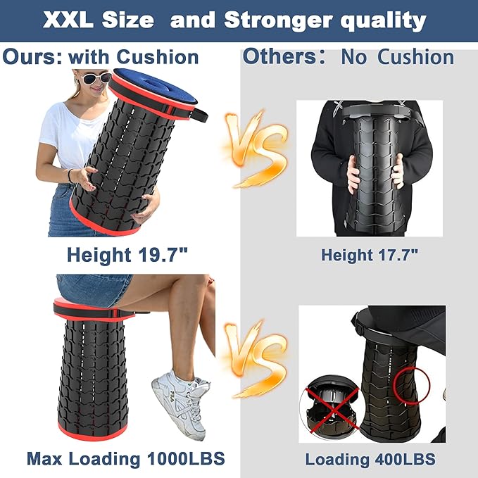 ALEVMOOM Higher 19.7" D 11.8" XXL Collapsible Stool with Cushion, Portable Telescoping More Sturdy Load Capacity 1000Lbs,Retractable Adjustable Camping Folding Stool for Outdoor Hiking BBQ