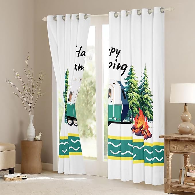 Camping Adventure Blackout Curtains,Stripe RV Trailer Cartoon Camper Window Drapes,Bonfire Campfire Pine Tree Rustic Nursery Bedroom Playroom Decor,Natural Green 2 Panels,52Wx90L inch