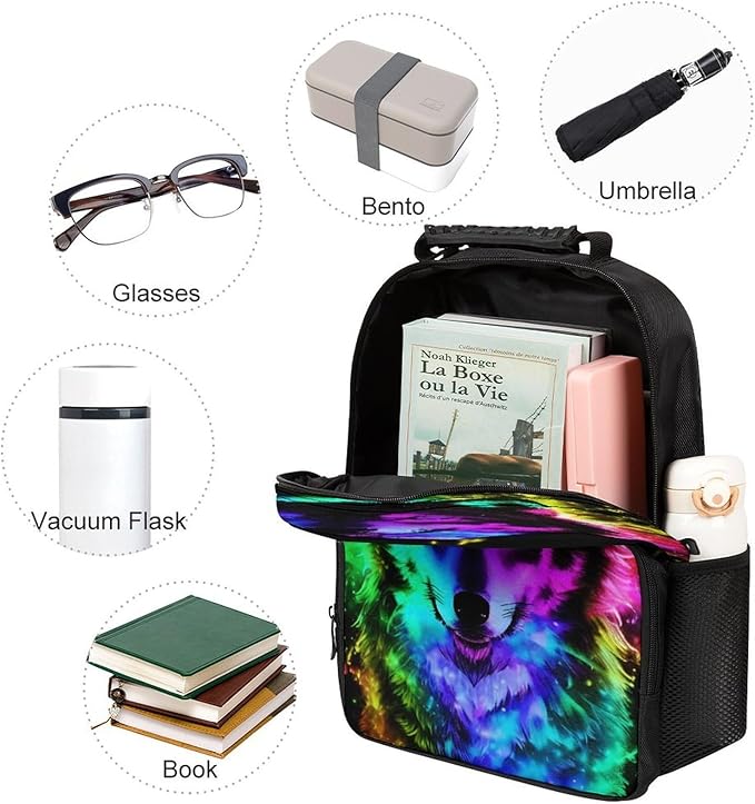 Polyester Daypack for Camping Travel Walking Cycling, Big Capacity Anti-Theft Multipurpose Bookbag, Wolf Colorful Fire Splashes Art Camping Outdoor Backpack