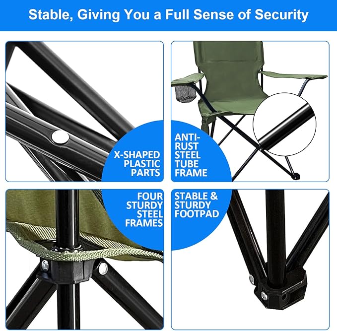 Folding Camping Chair, 225lb Capacity, Includes Cup Holder & Side Storage Bag, 5.5lbs Portable for Beach, Camping, Sport,2PCS Green