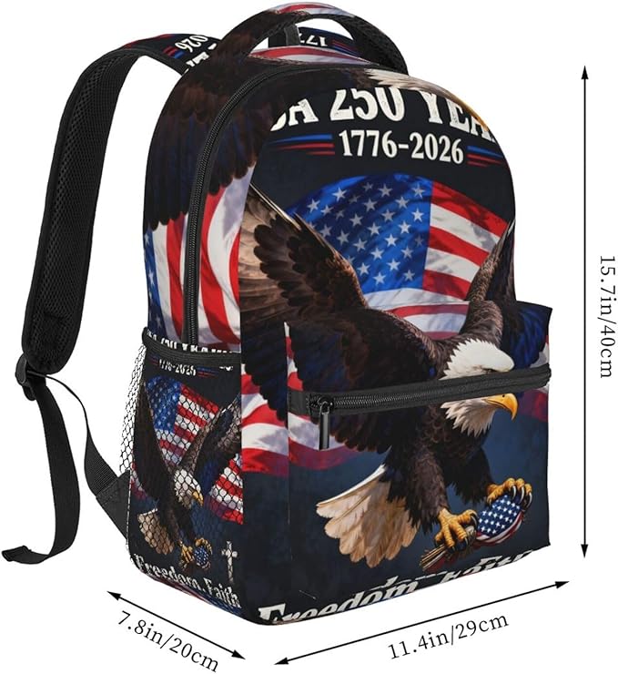Rucksack Anti-Theft Multipurpose Big Capacity Carry On Bag, 250th Anniversary Freedom Eagle Art Traveling Camping Backpack With Side Pockets