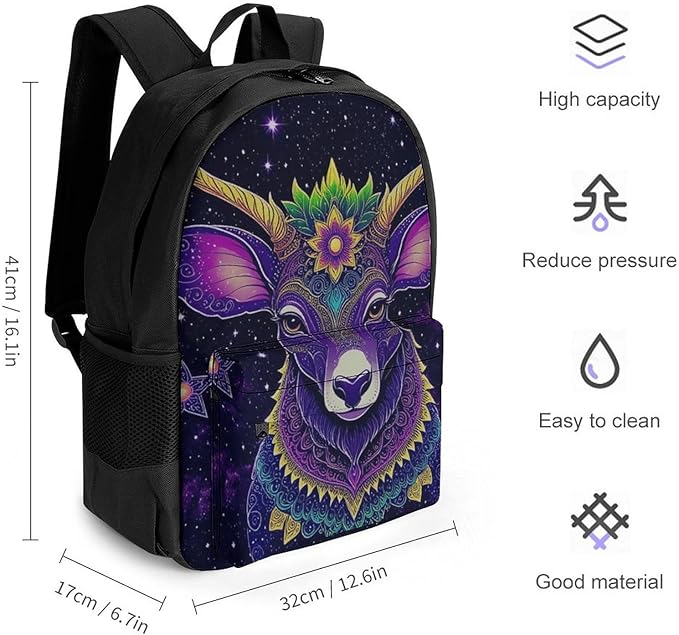 Men Women Polyester Colorful Cow Deer Galaxy Art Casual Daypack Large Capacity Carry On Bag With Adjustable Shoulder Straps for Camping Work Running